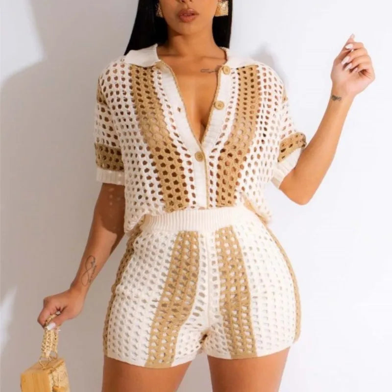 Women's Two Pieces Set Knit Ribbed Crochet Patchwork Outfits Short Sleeve Shirt Sweater Short Suit  Two Set Outfit Tracksuit