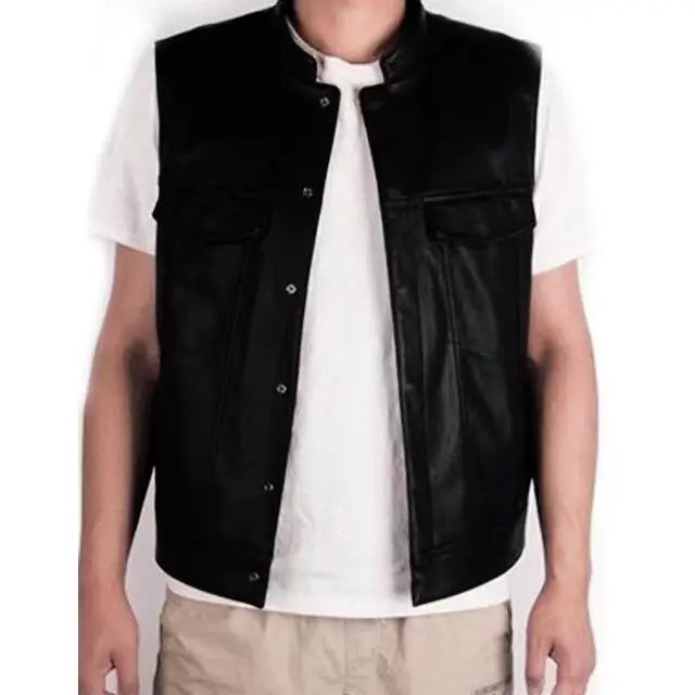 Son of Chaos in Motorcycle Style: Harley Motorcycle PU Leather Embroidered Vest Kam Shoulder Punk Fashion Leather Coat for Men