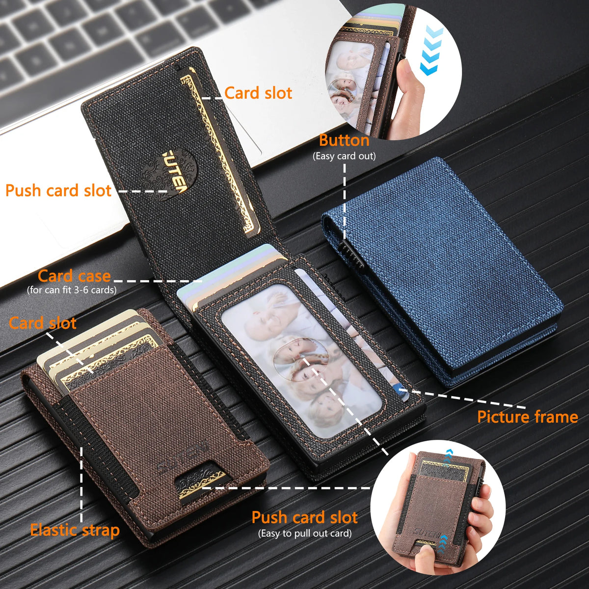 SUTENI Faux Leather Card Slot Wallet Flip Cover Unisex Card Box Pressing The Button Automatically Ejects The Card