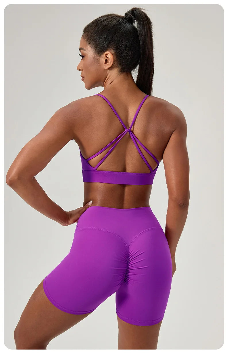 Yoga suit set, sexy back, sports bra, high waist, hip lifting, tight shorts, running and fitness two-piece set Women' Yoga sets
