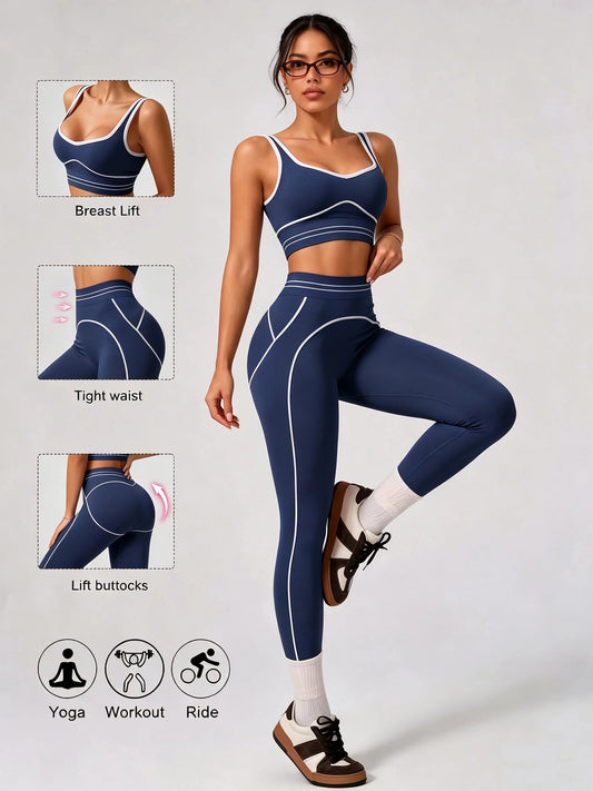 Contrast Trim Activewear Set Women Crop Tank Top High Rise Tummy Control Leggings Two Piece Sport Fitness Outfit