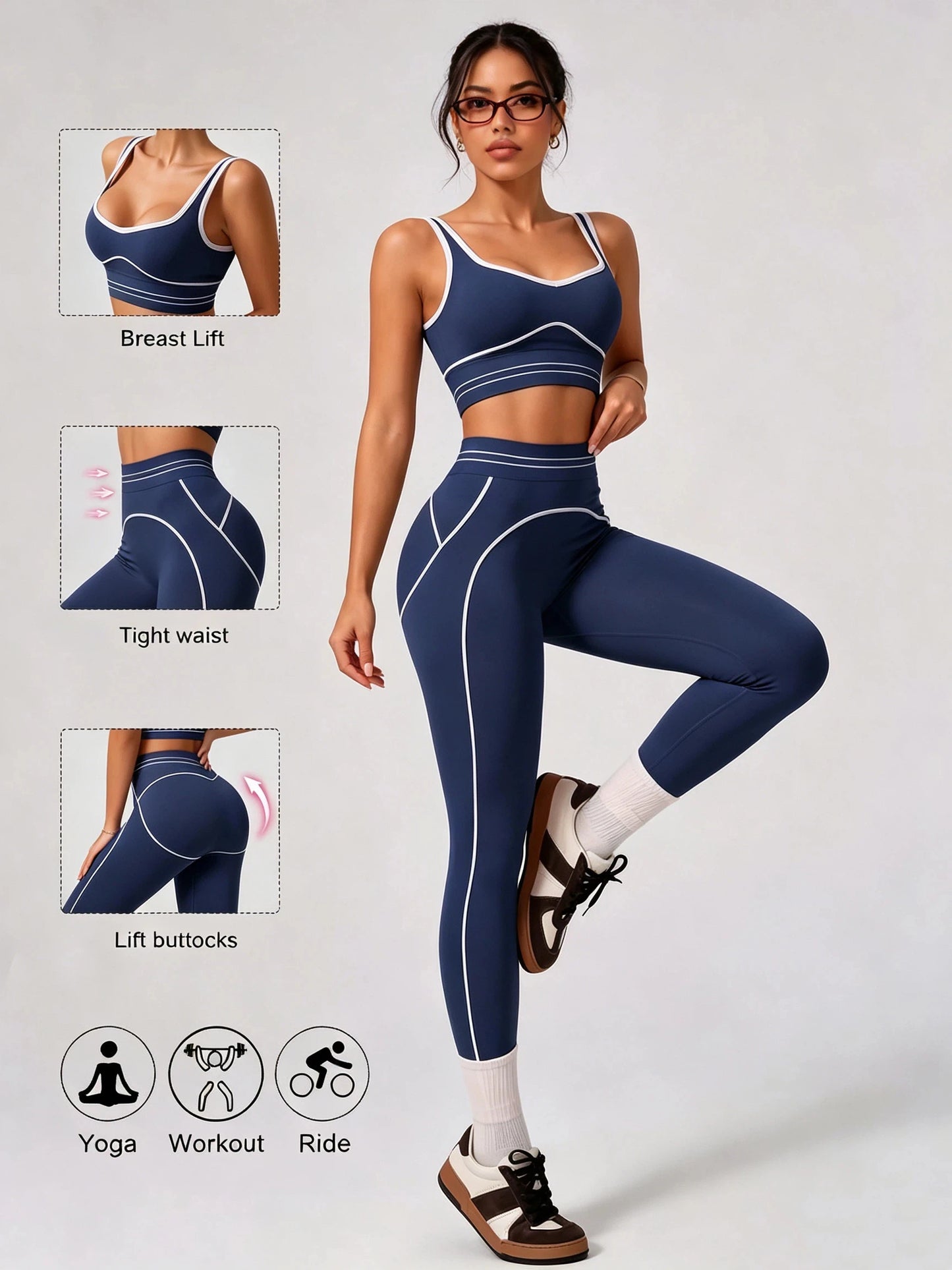 Contrast Trim Activewear Set Women Crop Tank Top High Rise Tummy Control Leggings Two Piece Sport Fitness Outfit