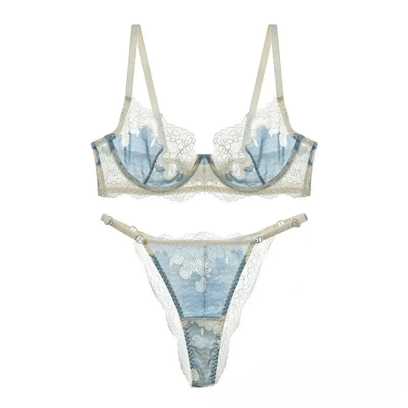 Summer Sexy Ultra-thin Lingerie Set Women French Style Contrast Color Lace Bra Female Anti Sagging Daily Life Underwear Everyday