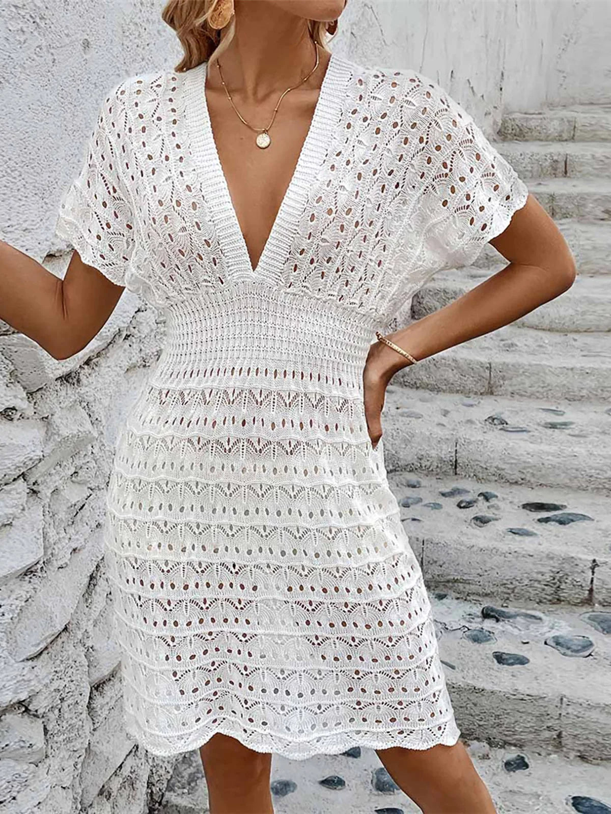 S - XL Short Sleeve V Neck Crochet Knitted Mini Dress Tunic Beach Cover Up Beach Dress Beach Wear Beachwear Female Women
