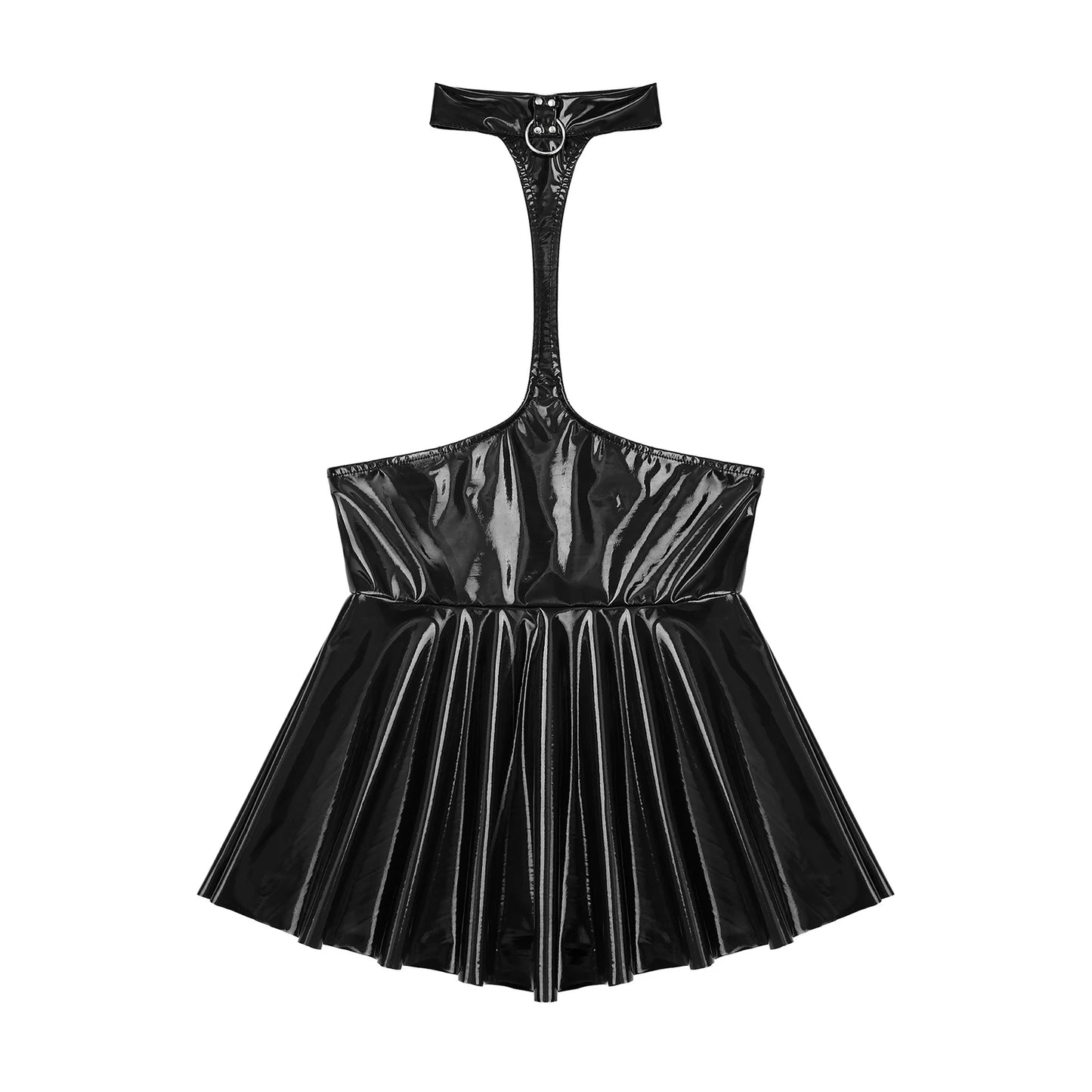 Womens Open Chest Halter Mini Dress Wet Look Patent Leather Rave Carnival Party Ruffled Sleeveless Backless Dress Nightclubwear