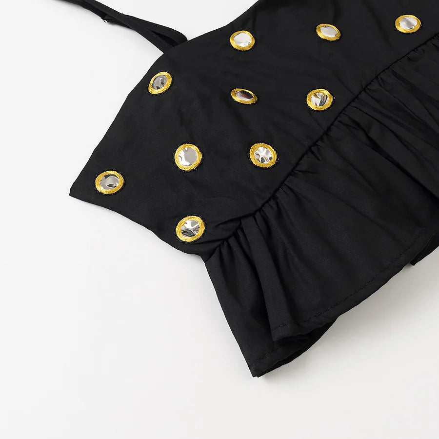 VEITCHE Women Metal Hollow Pleated Suspender Skirt Suit Sexy Sleeveless Vest High Waist Mini Skirt Lady Vacation Dress Set