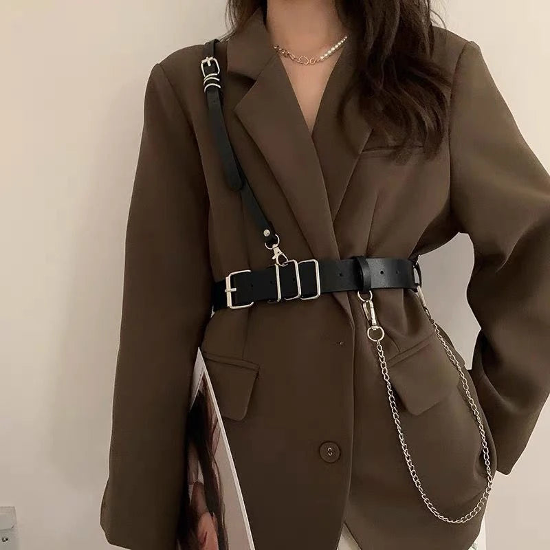 Korean Punk Style Detachable Chain Belt Men Women Belt Black PU Leather Harness Chain Belt Goth Corset Waist Belt Accessories