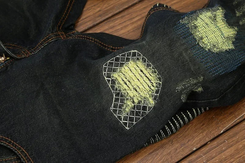 New Men's Ripped Vintage Jeans Straight Denim Trousers Male Distressed Personalized Motorcycle High Street Spliced Jeans Pants