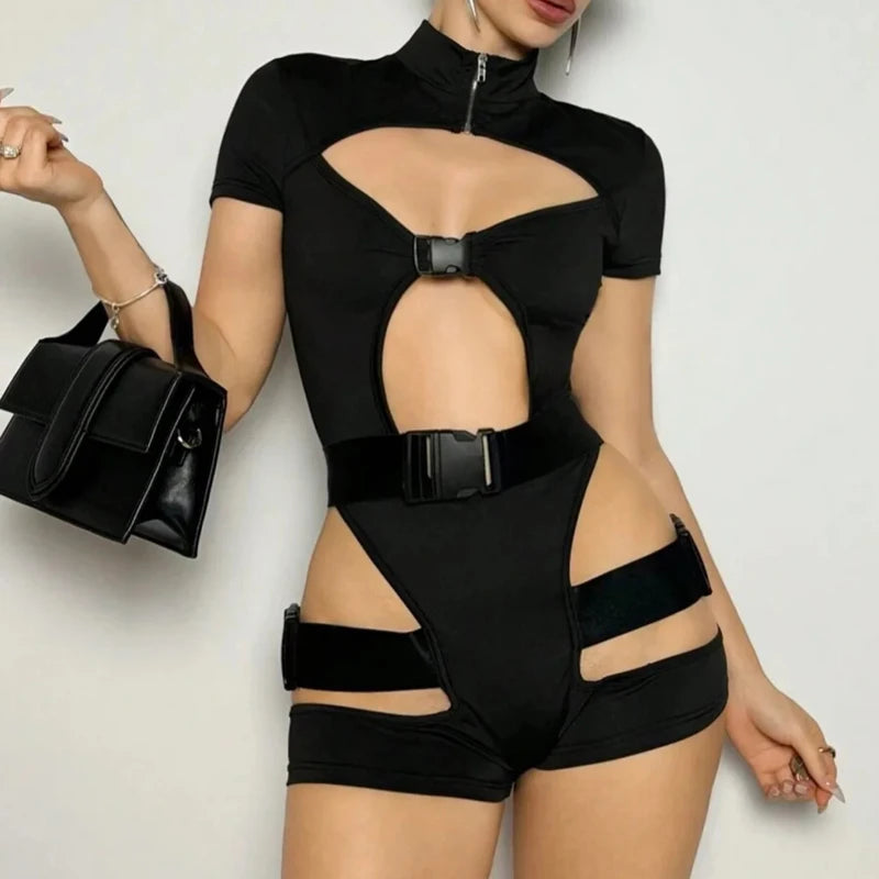 Elegant Hot Girl Style Black Hollow Out Functional Bodysuit Women Trendy Buckle Slimming Short Sleeve Top Casual Streetwear