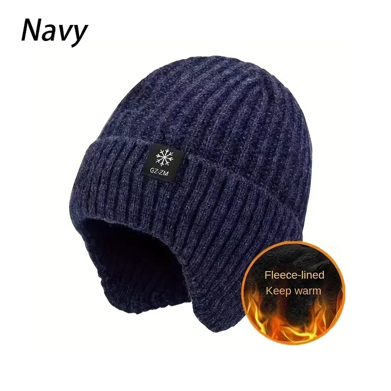 Men's Autumn/Winter Hat+Scarf Winter Warm Ear Protection Set Thick Knitted Wool Breathable Solid Color Hat