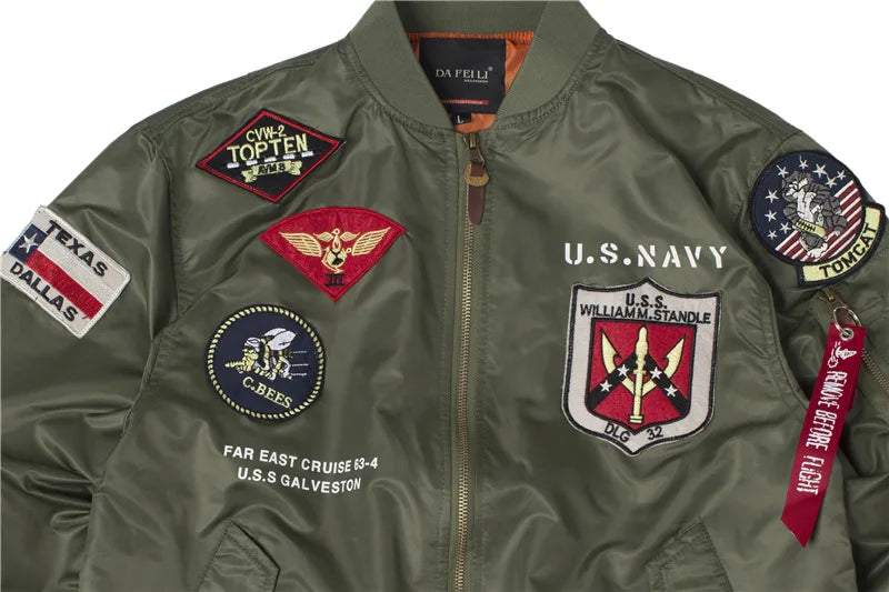High Quality Military Fashion Casual Boy Youth Lightweight Top Gun Patch Embriodey Streetwear Ma1 Satin Flight Bomber Jacket Men