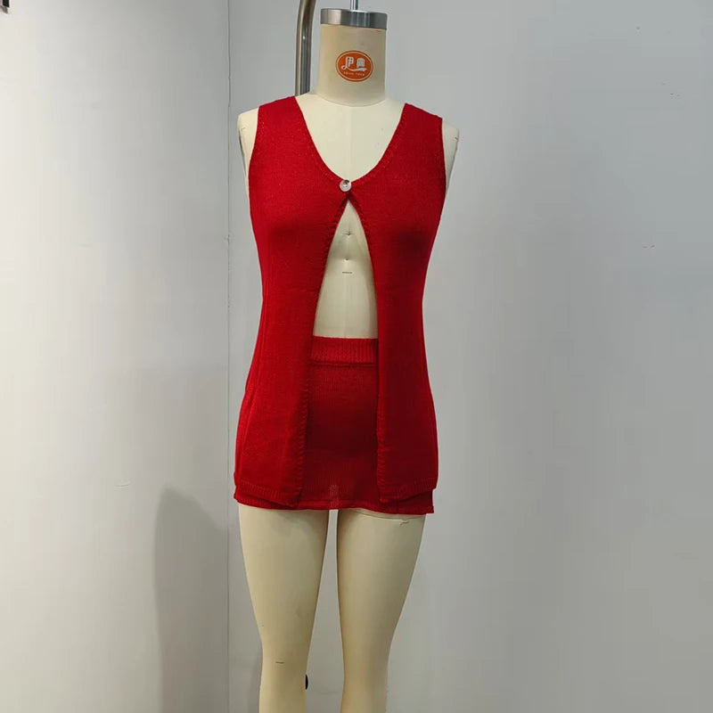 Fashion One Button Cardigans & Skirts Set Sexy Hot Girl Sleeveless Sequins Knitted 2pc New Hollow Out V-neck Solid Vacation Sets