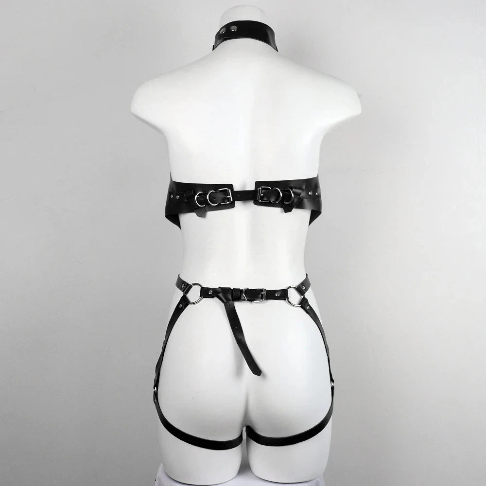 Women Fashion Sexy Harness Waist Belt Set PU Leather Harness Waist Erotic Body Leg Garter Belt Goth Clothing Accessoly