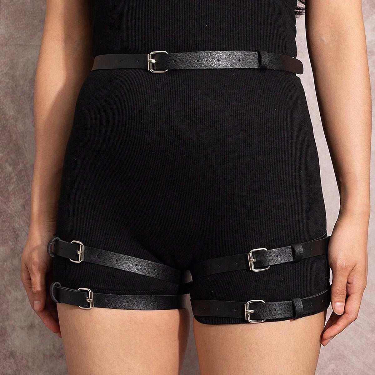 Women Sexy PU Leather Harness Waist Belt with Leg Leather Lingerie Double-layer Leg Straps Gothic Clothing Accessories