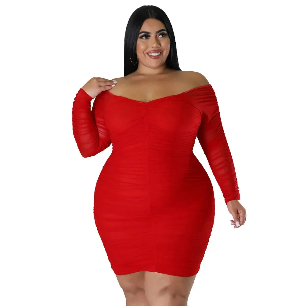 Plus Size N7697 Autumn New Women's Dress Sexy Nightclub Style Wrap Chest Spliced Mesh Sleeves Covering Buttock Clothing