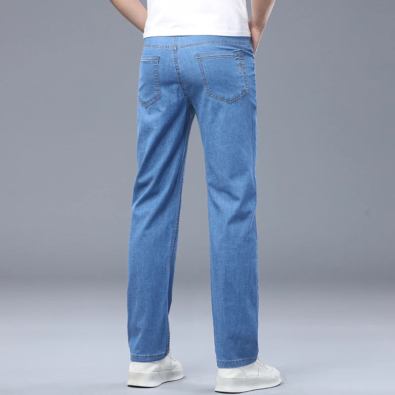 Business Thin Denim Jeans for Men Straight Stretch Cotton Work Pants Business Casual Lightweight Trousers Spring Autumn Workwear