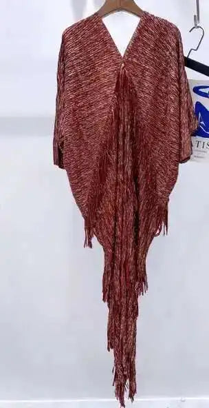 LANMREM 2025 New Elegant Party Tassel Pleated Dress Women V Neck Sequins Spliced Irregular Long Dresses Fashion Clothing 2DA1641