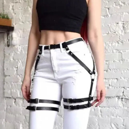 PU Leather Harness Waist Belt Punk Waistband Hollow Belt for Pants Gothic Strap Buckle Body Harness Belt Waist Accessories