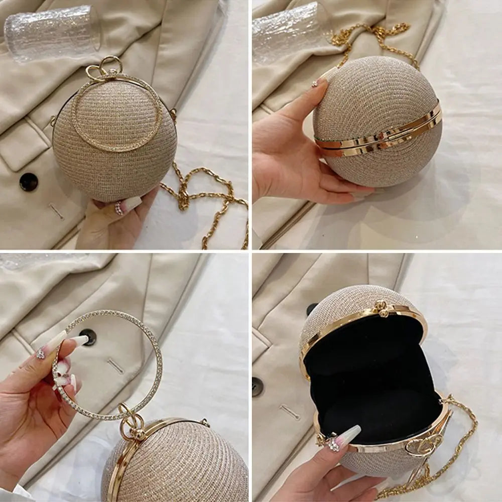 Elegant Circular Evening Bag Gold Bright Silk Rhinestone Decorative Chain Banquet Clutch Shoulder Bags Wedding Party