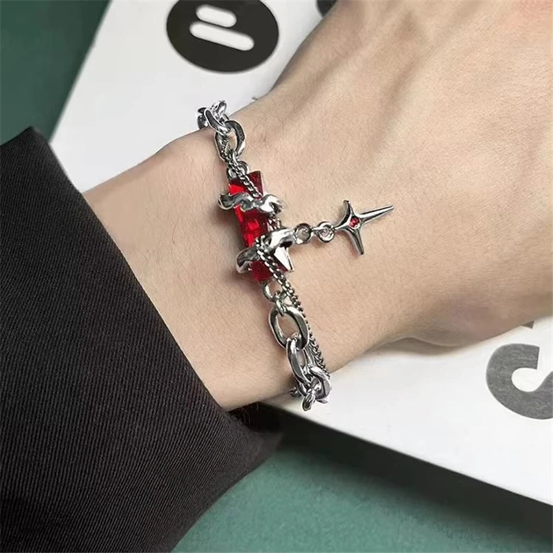 Punk Vintage Red Zircon Star Chain Bracelet For Women Men Couple Unisex Trend Goth Grunge Y2K Jewelry Charms Accessories Gifts