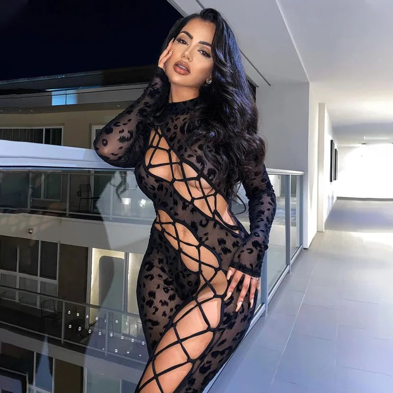 Skinny Hollow Out Cross Bandage Patchwork Jumpsuits Women Leopard Print Retro Fashion Sexy Cleavage Bodycon Party Clubwear Hot