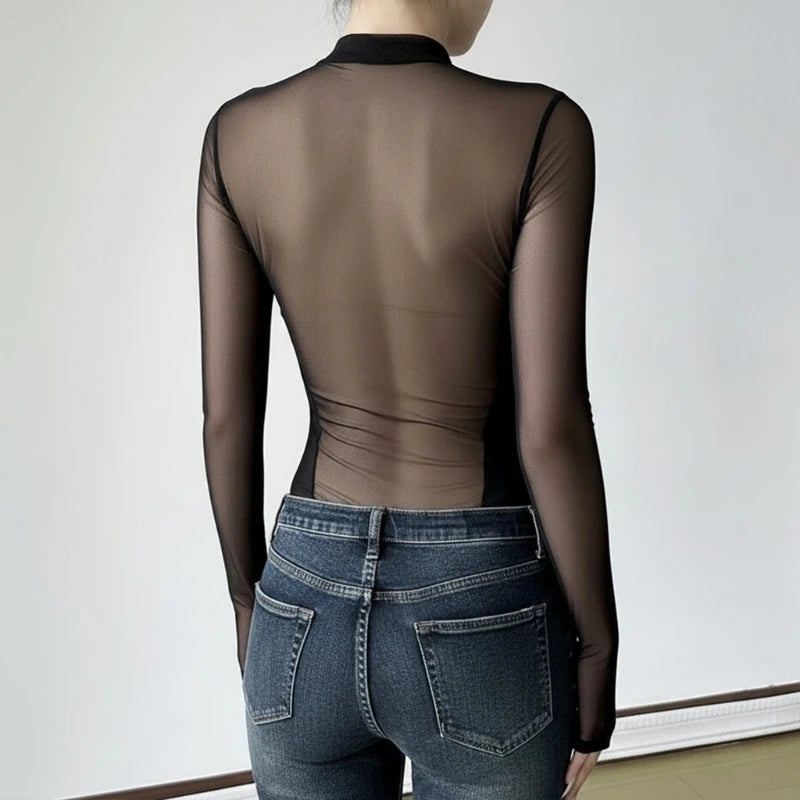 Womens Mesh Long Sleeve Bodysuit Round Neck Sheer Leotards Clothing Snake Bodysuit Top with Crotch Clubwear Gifts