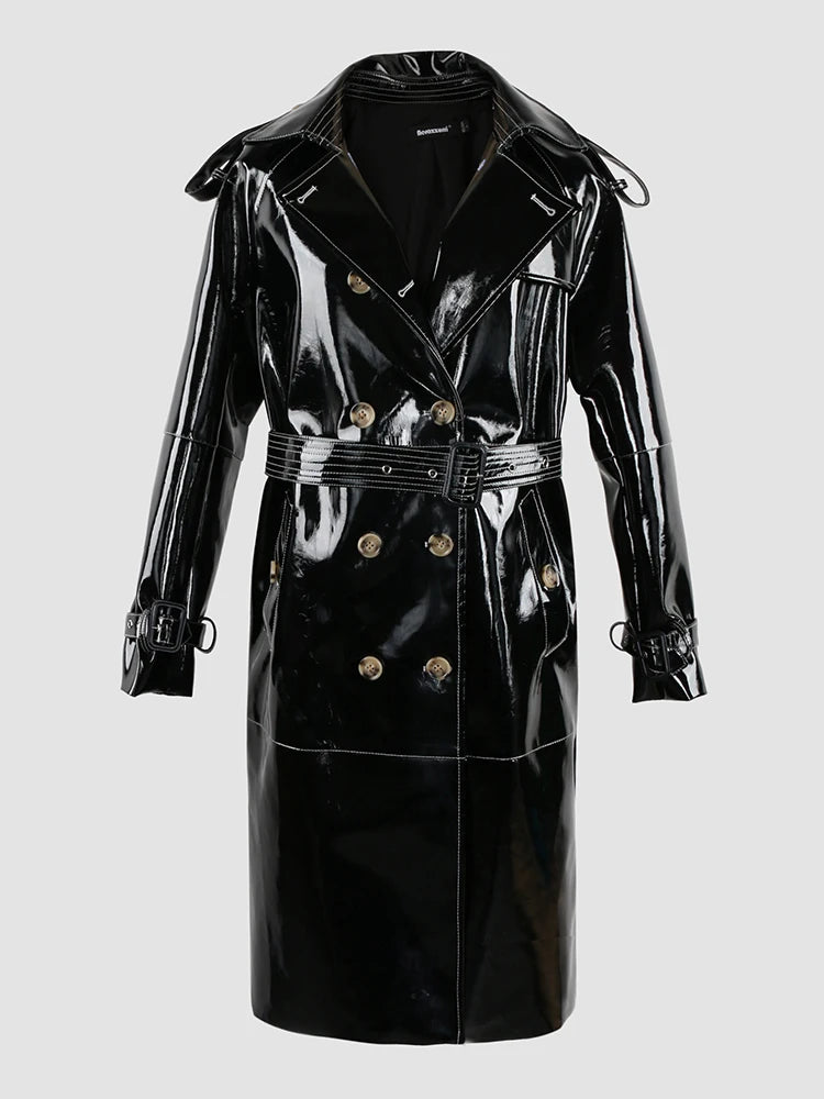 Nerazzurri Autumn Long Shiny Black Red Patent Pu Leather Trench Coat for Women Belt Double Breasted Luxury Designer Clothes 2023