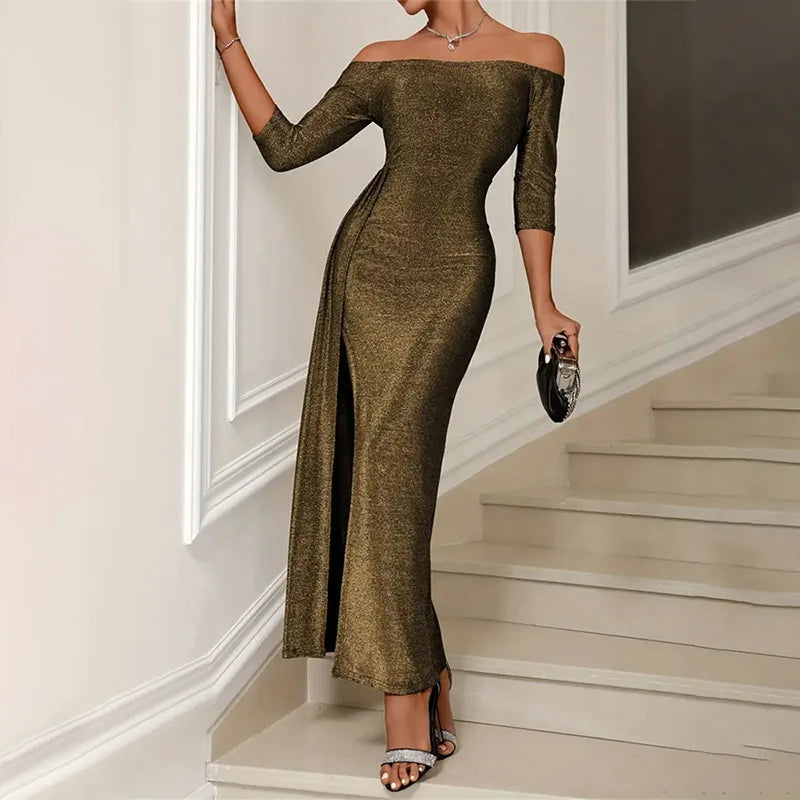 Y.KUKU Women Dress Lady Elegant Off-Shoulder Fashion Strapless Evening Party Dresses Split Bodycon Slim Summer Long Dresses