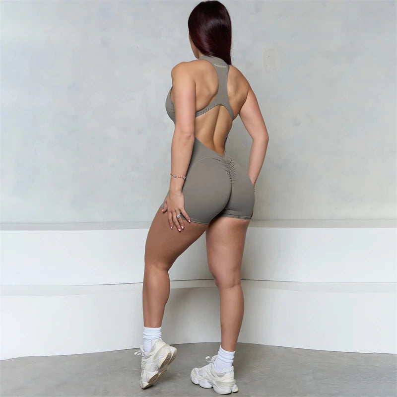 Women Bum Sleeveless ZIPPER Scrunch Butt Romper Women Sporty Jumpsuit Lycra Short Fitness Gym Overall New Workout Clothes