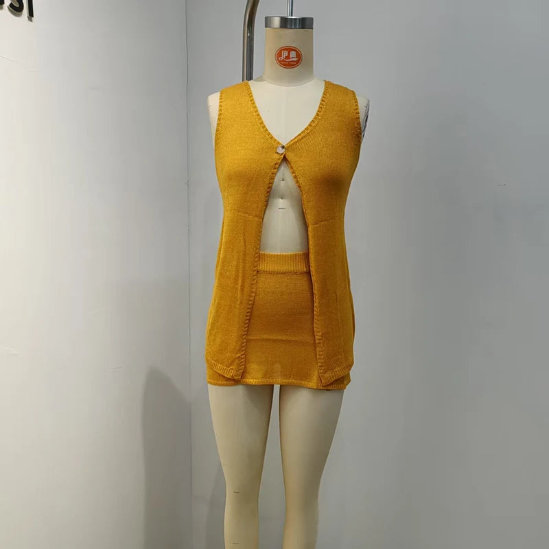 Fashion One Button Cardigans & Skirts Set Sexy Hot Girl Sleeveless Sequins Knitted 2pc New Hollow Out V-neck Solid Vacation Sets