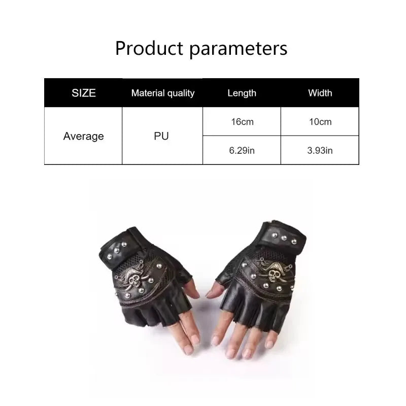 Pirate Captain Rivet Skull Half Finger Gloves for Unisex PU Leather Hip Hop Motorcycle Riding Fitness Waterproof Portable Gloves