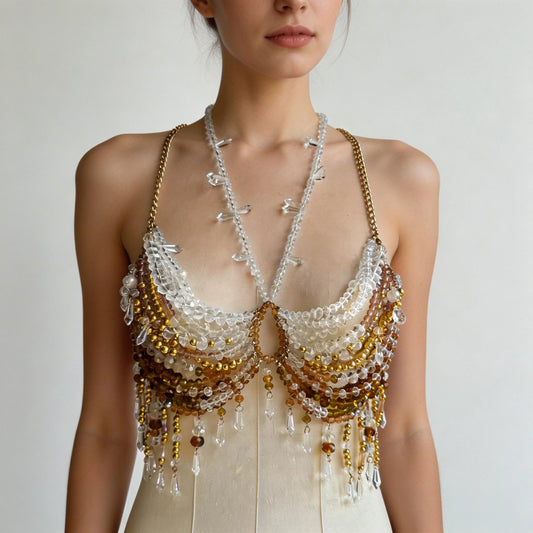 Handmade  Lingerie Harness Beaded Bra Halter Neck See-through Tassel Hollow Out Tops Body Beachwear Exaggerated Beaded Neck Bra
