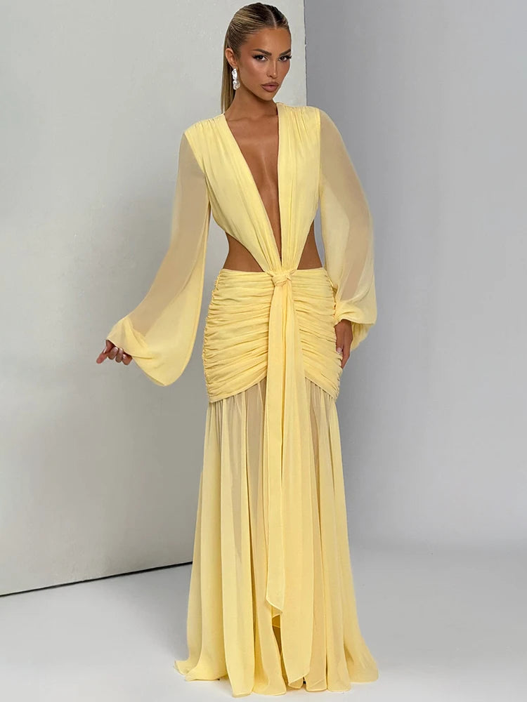 Mozision Deep V Neck Long Sleeve Sexy Maxi Dress Women Gown Fashion Hollow Out Backless Ruched Club Party Long Dress Elegant