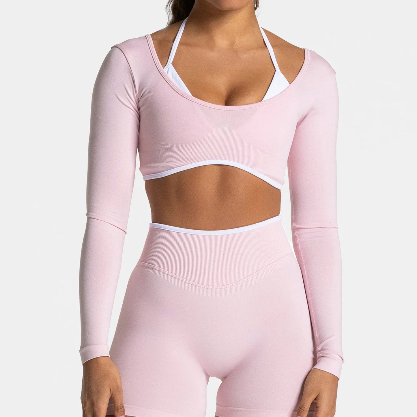 Women's Color Block Yoga Set Long Sleeve Top & High Waisted Shorts Butt Lifting Tummy Control 4-Way Stretch Workout Gym Fitness