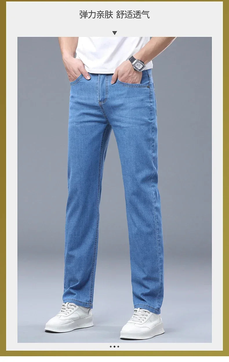 Business Thin Denim Jeans for Men Straight Stretch Cotton Work Pants Business Casual Lightweight Trousers Spring Autumn Workwear
