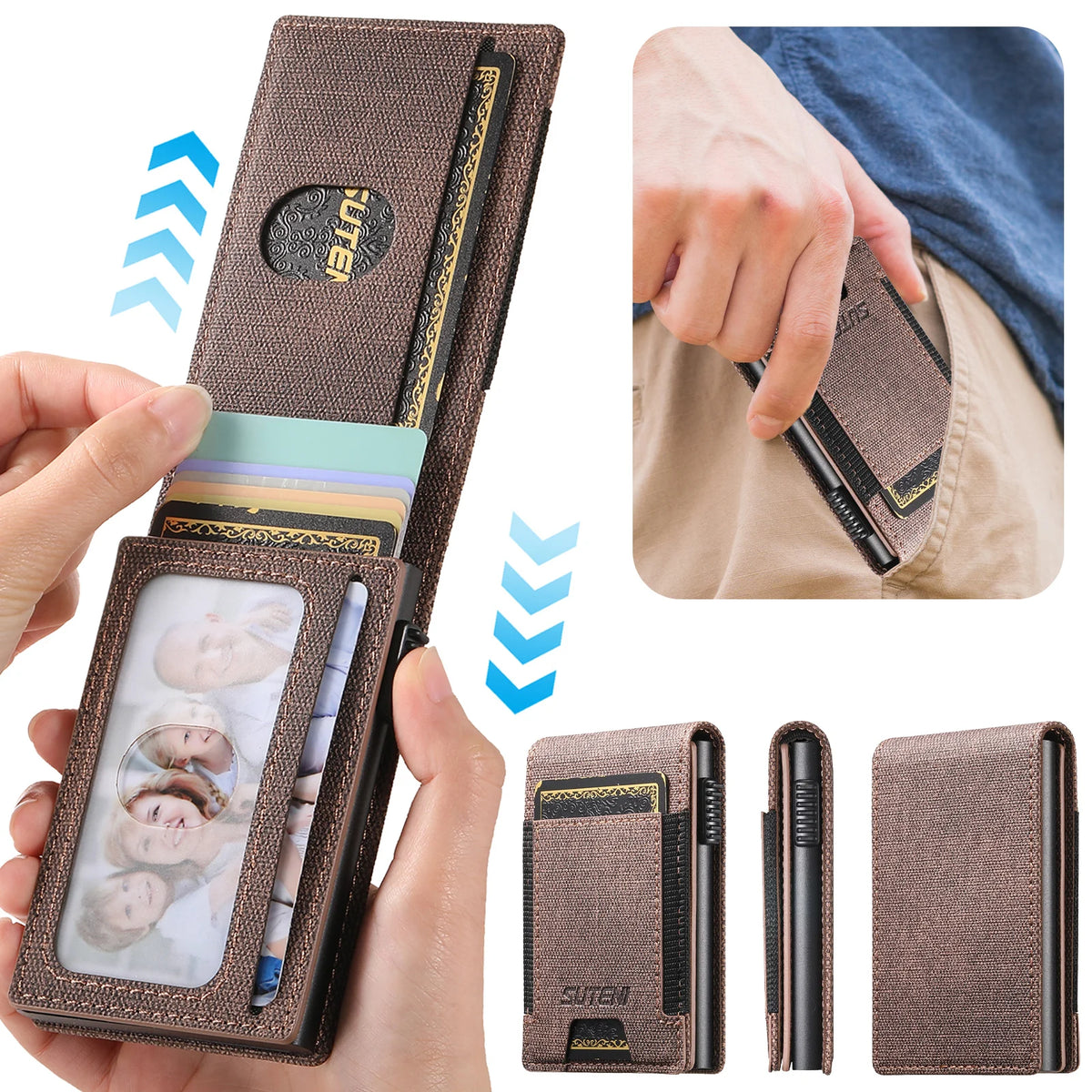 SUTENI Faux Leather Card Slot Wallet Flip Cover Unisex Card Box Pressing The Button Automatically Ejects The Card