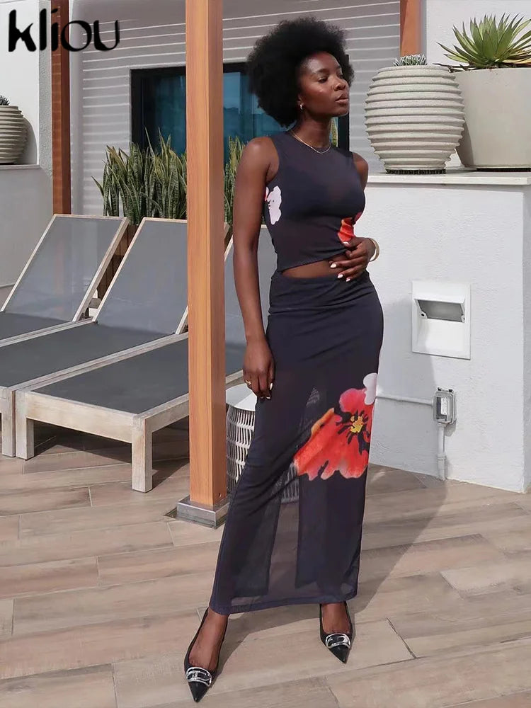 Kliou Vintage Folower Print Zweiteiliges Set für Damen, sexy, durchsichtige Netz-Weste + schmaler Rock mit hoher Taille, passende Outfits für Damen