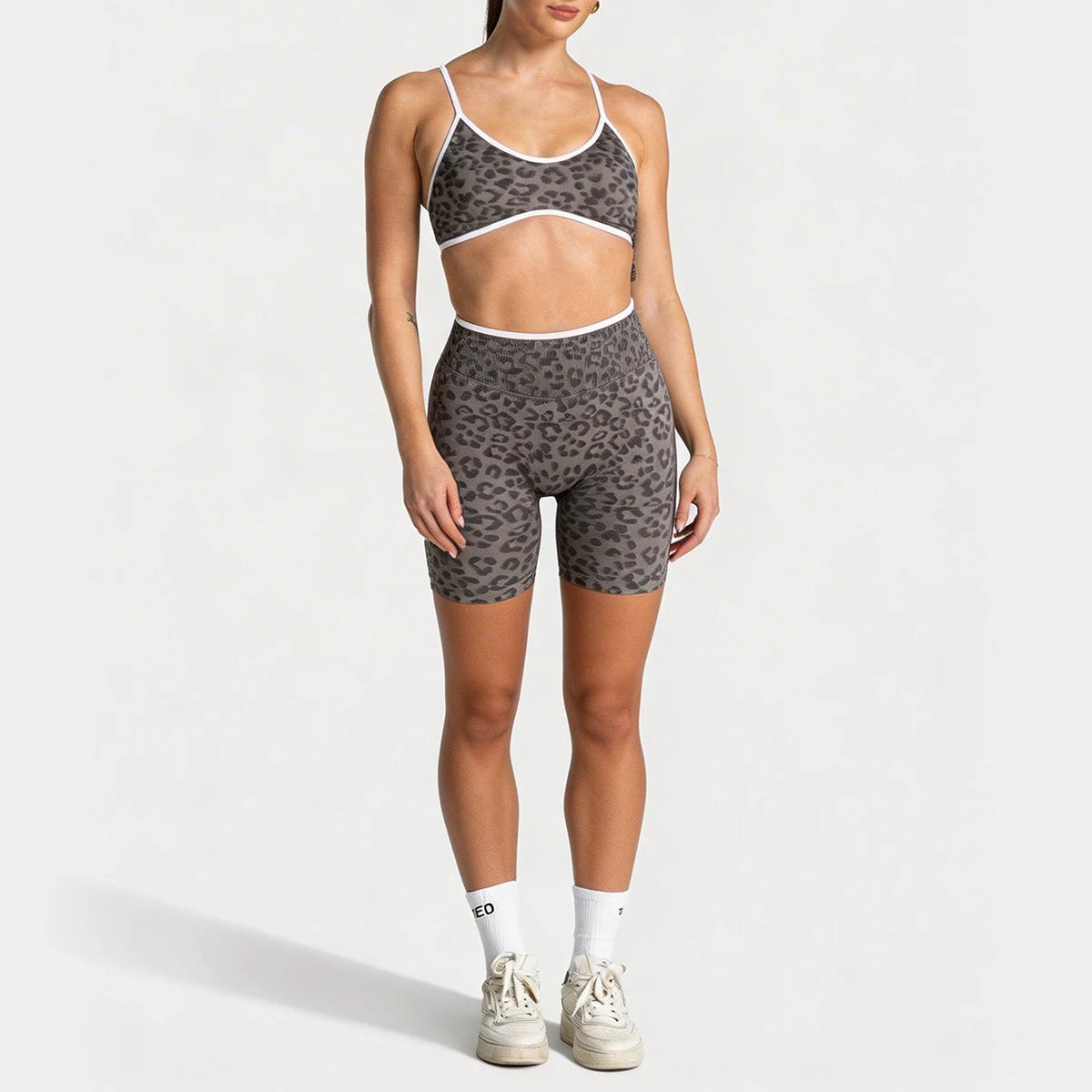 Women Leopard Print 2 Piece Yoga Set High Waist Butt Lift Biker Shorts Adjustable Strap Sports Bra Gym Workout Activewear