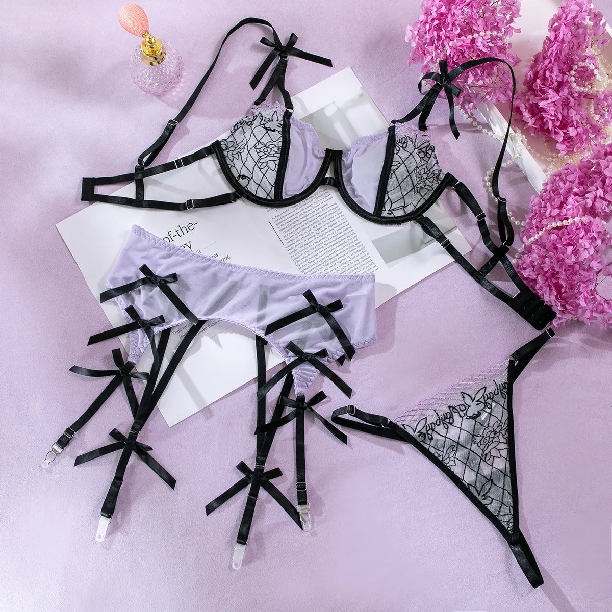 Fashion Sexy Erotic Set Women 3-Piece Lingerie Set Bow Transparent Bra + G-String Underwear Set Intimates