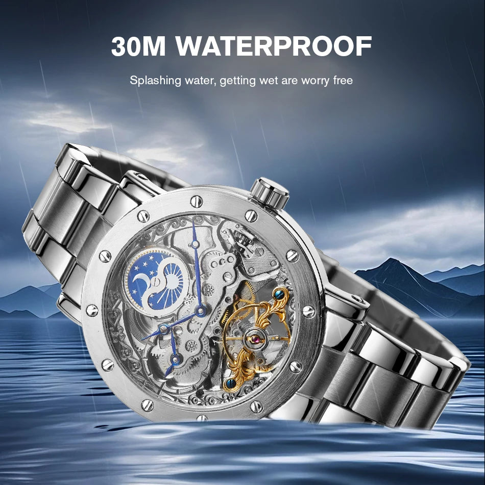 Luxury Brand GMT Time Zone Moon Phase Automatic Movement Man Watch Stainless Steel Skeleton Mechanical Waterproof Male Clockwork