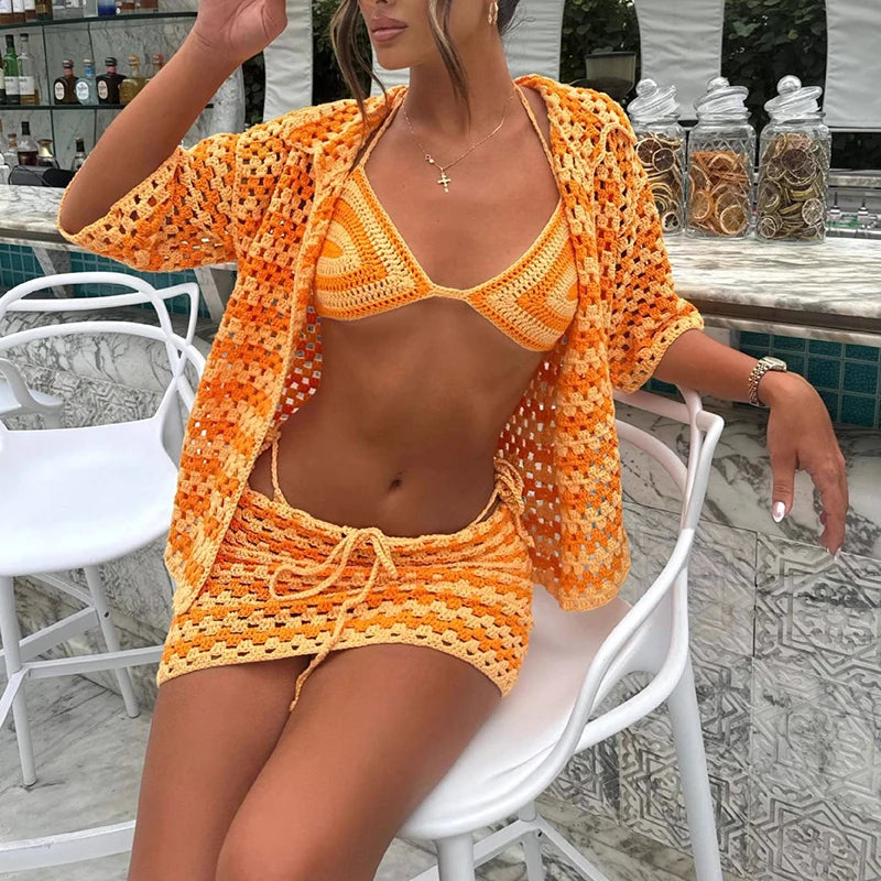 Fashion Color Blocked Knitted Hollow Out Bikini 3 Piece Casual Short Sleeve Coat&Mini Skirts Set Summer New Women's Beach Outfit