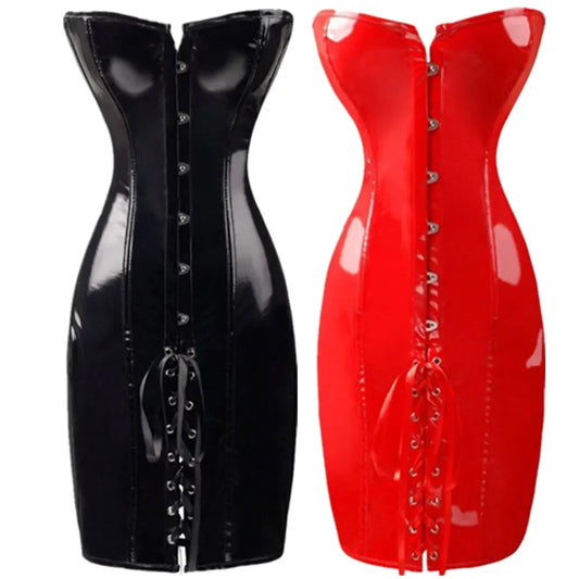 Pvc Leather Corset Dress Lace-Up Long Torso Bustiers Steampunk Gothic Punk Corsets Party Night Club Vestidos