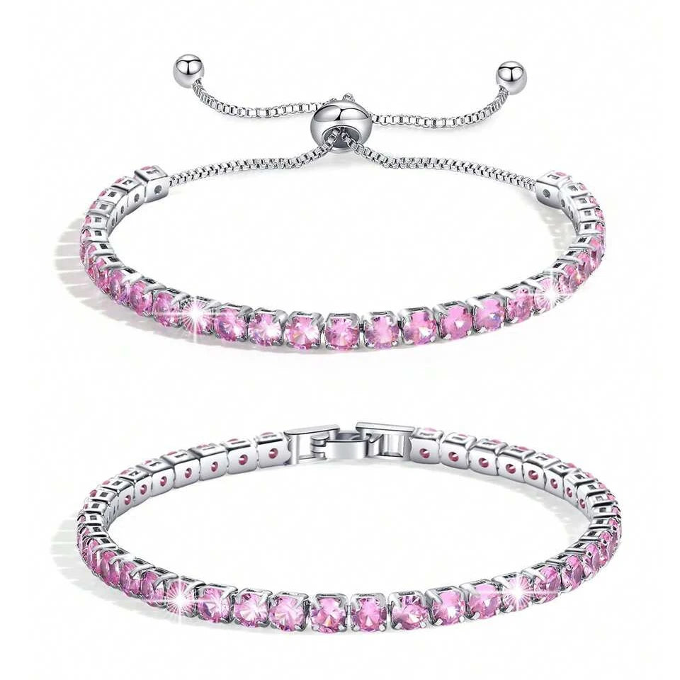 ZAKOL 2 Pcs Set 4 MM Round Zircon Tennis Bracelet for Women Shiny Geometric Pink AAA Cubic Zirconia Fashion Jewelry Gifts