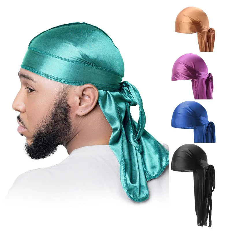 Durag mit langem Schwanz, seidiger Schal, muslimischer Doo Rag, Piratenhut, Durag, Chemo-Mütze, Totenkopfhut, Turban-Haarband, Bandanas, 18 Farben zur Auswahl