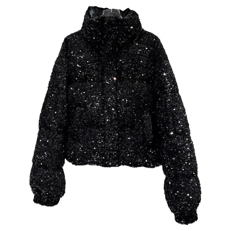 DEAT Winter New Fashion Heavy Industry Colorful Sequin Stand Collar Warm Jacket For Women Cotton-padded Coat 11A07258