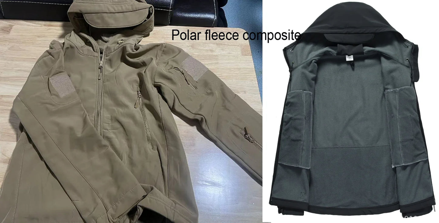 Men's Autumn Winter SoftShell Fleece Jackets Male Hood Windproof Coat Fishing Hiking Camping Climbing Skiing Warm Pants Trousers