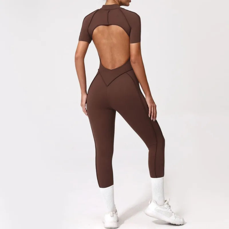 Women's Tracksuit Gym Workout Sports Clothes Outfit Zipper Jumpsuit Yoga Fitness Overalls Set Open Back Bodysuits Suit for Women
