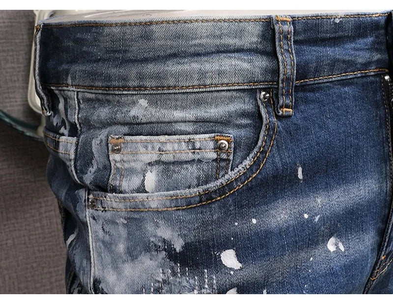 Retro Style Men's Slim Fit Jeans Distressed Hole Design Elastic Casual Long Pants Youth Trendy Street Style Straight Leg Jeans