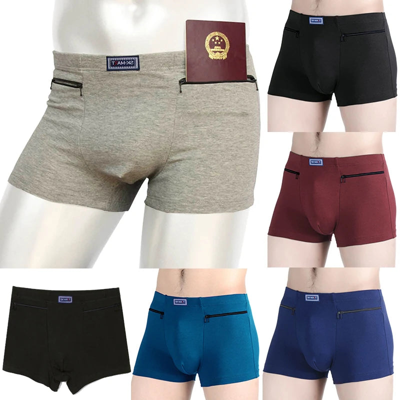 Men Cotton Boxer Panties Underwear Anti-theft Zippers Pockets Briefs Underpants Casual Solid Men's Boxers Shorts