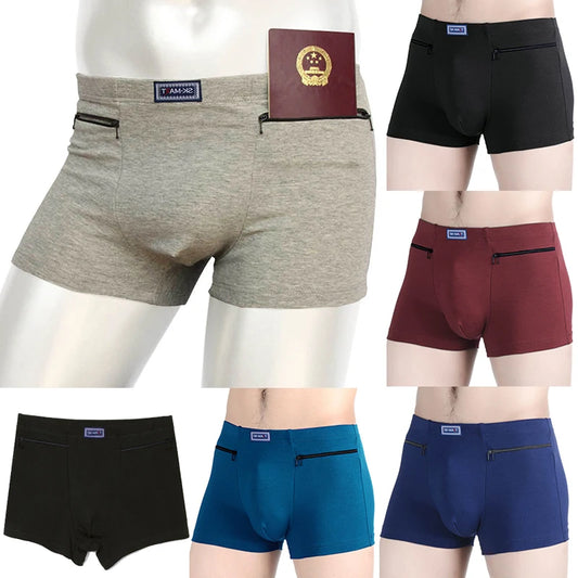 Men Cotton Boxer Panties Underwear Anti-theft Zippers Pockets Briefs Underpants Casual Solid Men's Boxers Shorts